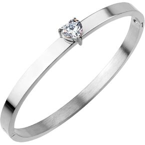555Jewelry Stainless Steel Hinge Lock Heart Shape CZ Cuff Bangle Bracelet for Women