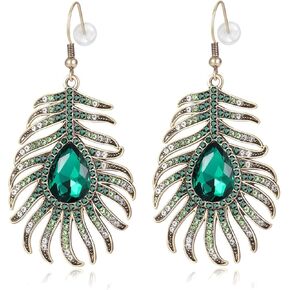 Frogwill Womens Crystal Hook Earrings Sparkling Rhinestone Peacock Feather Dangle Earrings
