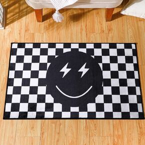 Pink Smile Face Rug Preppy Buffalo Check Plaid Contemporary Funny Rug Checkered Carpet Preppy Room Decor Reversible Rug for Living Room Bedroom Dormitory Front Porch Hallway Farmhouse, 1.97 x 3.28 ft