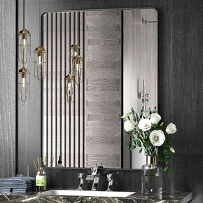 Black Bathroom Mirror, 20x28 Inch Stainless Steel Frame Vanity Mirror, Rounded Corner Rectangle Modern Mirror, Vertical Or Horizontal Hanging Mirrors for Wall Decor, Bedroom, Living Room