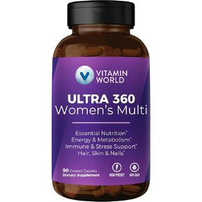 Vitamin World ULTRA 360 Women's Multivitamin, Multivitamin for Women with Minerals & Herbs, Daily Supplement with Iron, Vitamin A, C, D3, E & B12 for Energy, Immune Support, 90 Caplets, 45 Day Supply
