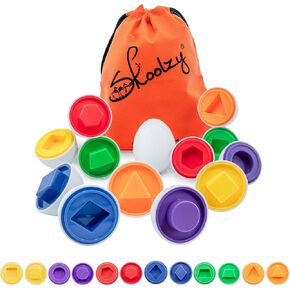 Skoolzy Shapes Matching Egg Toy 6 pc Set, Montessori Sensory Bin Toy for Toddlers Preschool Kids & Blind Children Learning Shapes, with Bag & eBook