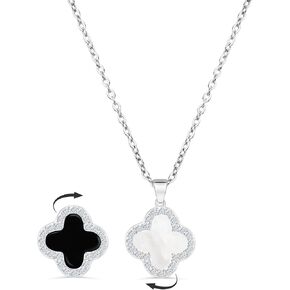 2 Side Crystal Clover Necklace for Women 18K Gold Plated Stainless Steel Four Leaf Lucky Pendant Black & White Cubic Zirconia Jewelry for Mother and Daughter (Silver)