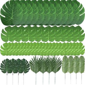 TIETHEKNOT Fake Leaves 60 Pcs Artificial Leaves Tropical Palm Leaves Monstera Leaves with Stems for Safari Decorations Tropical Party Supplies Jungle Beach Luau Theme Party Decorations (6 Kinds)