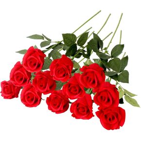 Roses Real-Touch Artificial Flowers Latex Full Blossom Faux Heads Dozen 22" Tall Stems Fake Bouquet Luxury Home Décor Indoor Living Room Bedroom Love Gift, 12 PCS Bundle (White)
