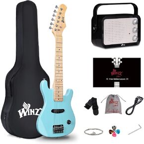 WINZZ 30 Inch Kids Electric Guitar Kit, Beginner Mini Electric Guitar with Amp, Case, Extra Strings, Picks, Strap, Cable and Wrench, Rose Pink