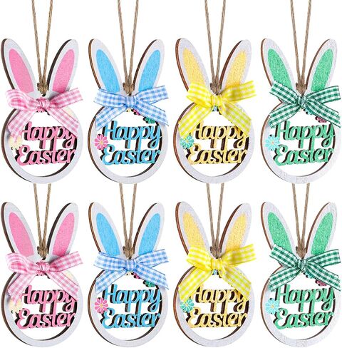 8 Pieces Easter Rabbit Tree Ornament Wooden Hanging Bunny Ornaments with Plaid Bow and Rope Wood Hollowed Out Easter Ornaments Cute Spring Hanging Decorative for Home Garden Decor (Cute) in Kuwait
