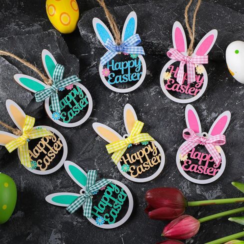 8 Pieces Easter Rabbit Tree Ornament Wooden Hanging Bunny Ornaments with Plaid Bow and Rope Wood Hollowed Out Easter Ornaments Cute Spring Hanging Decorative for Home Garden Decor (Cute) in Kuwait