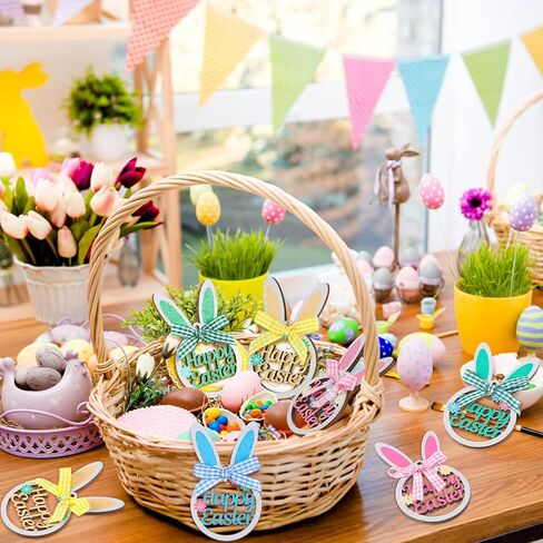 8 Pieces Easter Rabbit Tree Ornament Wooden Hanging Bunny Ornaments with Plaid Bow and Rope Wood Hollowed Out Easter Ornaments Cute Spring Hanging Decorative for Home Garden Decor (Cute) in Kuwait