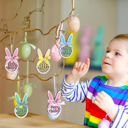 8 Pieces Easter Rabbit Tree Ornament Wooden Hanging Bunny Ornaments with Plaid Bow and Rope Wood Hollowed Out Easter Ornaments Cute Spring Hanging Decorative for Home Garden Decor (Cute) in Kuwait