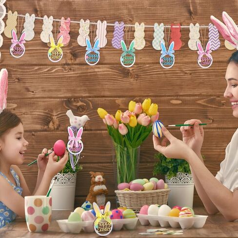 8 Pieces Easter Rabbit Tree Ornament Wooden Hanging Bunny Ornaments with Plaid Bow and Rope Wood Hollowed Out Easter Ornaments Cute Spring Hanging Decorative for Home Garden Decor (Cute) in Kuwait