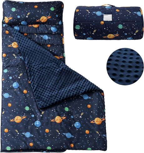 PHF Toddler Nap Mat with Removable Pillow and Minky Blanket, Rollup Design Kids Sleeping Mat, Slumber Bags for Boys, 55"x23" Toddler Sleeping Bag for Daycare Preschool Travel Camping, Space in Saudi Arabia