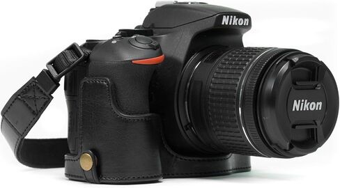 MegaGear Nikon D5600, D5500 Ever Ready Leather Camera Half Case and Strap, with Battery Access - Black - MG1170 in Kuwait