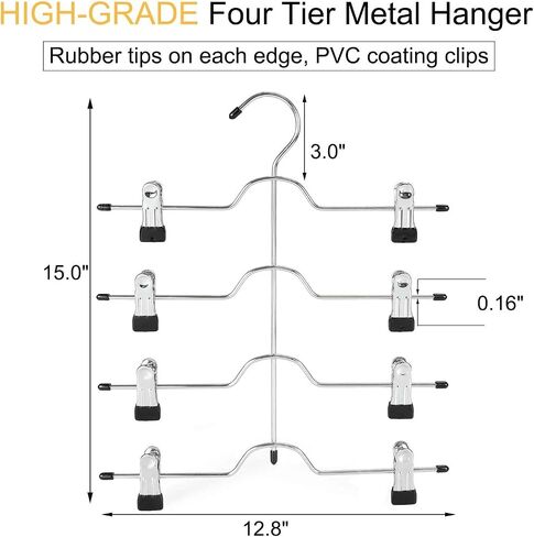 TOPIA HANGER شماعات تنورة معدنية من 4 طبقات للنساء، شماعات السراويل موفرة للمساحة مع مشابك قابلة للتعديل، احصل على مساحة أكبر بنسبة 70%، قبضة غير قابلة للانزلاق للسراويل والسراويل القصيرة والسراويل القصيرة والجينز والمناشف، أسود، عبوتان، CT20B in Kuwait