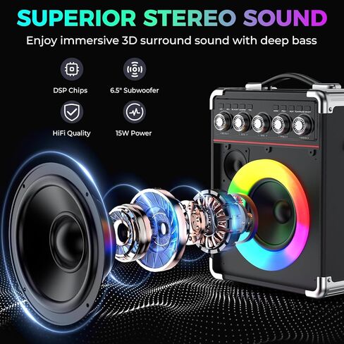 Karaoke Machine for Adults Kids, Portable Outdoor Bluetooth Speaker with 2 Wireless UHF Microphones Supports PA System,Remote Control, DJ Light, TF Card/USB/AUX/, TWS, Bass/Treble for Party TX05 in Kuwait