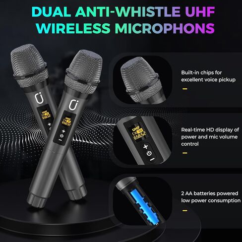 Karaoke Machine for Adults Kids, Portable Outdoor Bluetooth Speaker with 2 Wireless UHF Microphones Supports PA System,Remote Control, DJ Light, TF Card/USB/AUX/, TWS, Bass/Treble for Party TX05 in Kuwait
