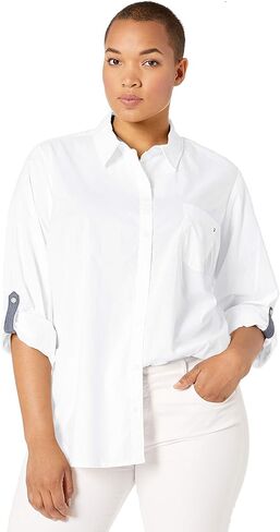 Tommy Hilfiger Women's Button Collared Shirt with Adjustable Sleeves, Cornell Blue Stripe, Medium in Kuwait