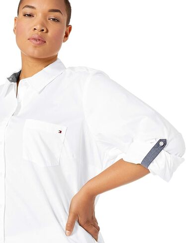 Tommy Hilfiger Women's Button Collared Shirt with Adjustable Sleeves, Cornell Blue Stripe, Medium in Kuwait