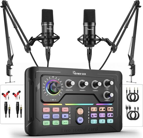 Podcast Equipment Bundle for 2, Audio Mixer with 3.5mm Podcast Microphone, Bluetooth, voice change DJ Mixer for Live Streaming Singing Gaming in Kuwait
