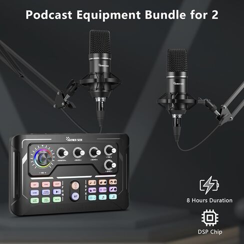 Podcast Equipment Bundle for 2, Audio Mixer with 3.5mm Podcast Microphone, Bluetooth, voice change DJ Mixer for Live Streaming Singing Gaming in Kuwait