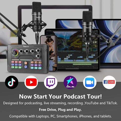 Podcast Equipment Bundle for 2, Audio Mixer with 3.5mm Podcast Microphone, Bluetooth, voice change DJ Mixer for Live Streaming Singing Gaming in Kuwait