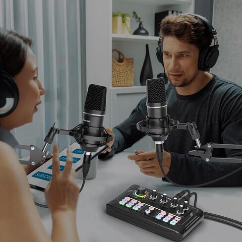 Podcast Equipment Bundle for 2, Audio Mixer with 3.5mm Podcast Microphone, Bluetooth, voice change DJ Mixer for Live Streaming Singing Gaming in Kuwait