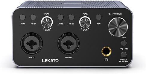 LEKATO 2i2 USB Audio Interface, 24-bit/192kHz Audio Interface with XLR, 48V Phantom Power for Smartphone Computer Recording, Streaming, Guitar, Music Production, Podcast in Kuwait