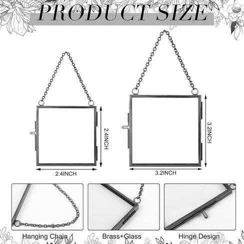 Kigley 12 Pcs Double Glass Frame 2.4" and 3.2" Square Glass Frame Pressed Flower Art Floating Picture Frame with Chain Hanging Metal Frame Hanging Photo Frame for Display Gallery Artwork in Saudi Arabia