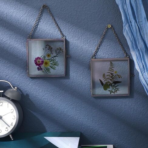 Kigley 12 Pcs Double Glass Frame 2.4" and 3.2" Square Glass Frame Pressed Flower Art Floating Picture Frame with Chain Hanging Metal Frame Hanging Photo Frame for Display Gallery Artwork in Saudi Arabia
