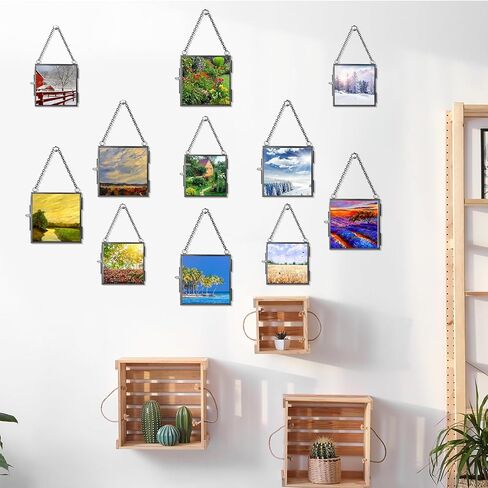 Kigley 12 Pcs Double Glass Frame 2.4" and 3.2" Square Glass Frame Pressed Flower Art Floating Picture Frame with Chain Hanging Metal Frame Hanging Photo Frame for Display Gallery Artwork in Saudi Arabia