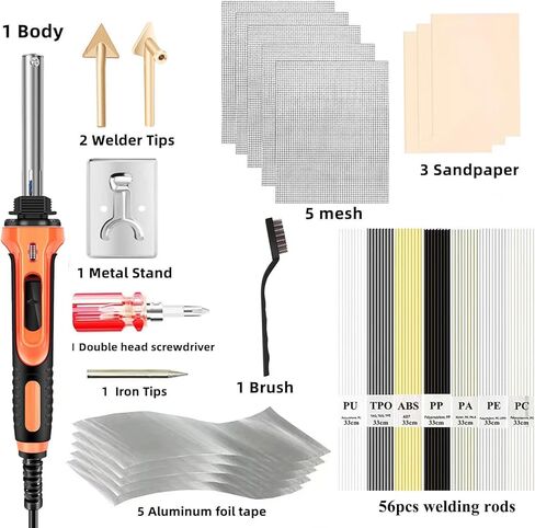 Plastic Welder - 100W Plastic Welding Kit Soldering Iron Gun with 56pcs Rods, Professional Surface Repair Tool for Car Bumper with 4 Welding Tips, Patch Net,Hot Iron Stand,Wire Brush (Blue) in Kuwait