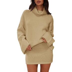Langwyqu Womens 2 Piece Outfits Sweater Sets Turtleneck Oversized Sweaters and Mini Skirts Fall Trendy Loungewear