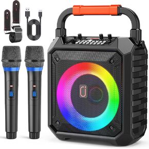 JYX Karaoke Machine with Two Wireless Microphones, Portable Bluetooth Karaoke Speaker with LED Lights for Kids and Adults, PA System Speaker Supports TF Card/USB/AUX-in/REC for Party