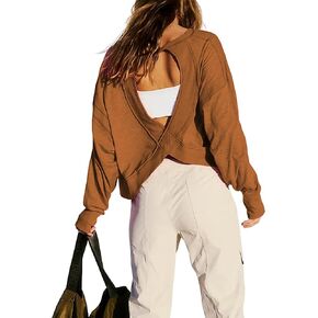 Womens Workout Tops Long Sleeve Open Back Gym T Shirts Oversized Solid Athletic Running Tee