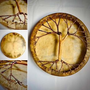 Handmade Shaman drum Frame Drum round 16" 18" 20" with goat skin Tree style on the back and handle Embrace Nature's Rhythms Authentic Native American Style Soul-Stirring Beats (16 inch)