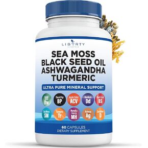 Liberty Lifestyle Sea Moss 3000mg Black Seed Oil 2000mg Ashwagandha1000mg Burdock 1000mg Root - 60 Count