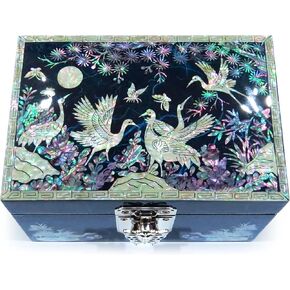 MADDesign Mother of Pearl Jewelry Box Ring Earring Organizer Hand Made Cranes Design Black