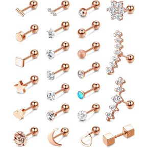 Subiceto 24 PCS 18G Cartilage Stud Earrings for Women Stainless Steel CZ Helix Tragus Labret Ear Body Piercing