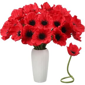 Censen 42 Pcs Artificial Poppy Flowers Bulk PU Silk Poppy Flowers 11 Inch Poppy Anemone Stems Artificial Flowers Table Centerpiece Decor for Home Party Wedding Memorial Day Supplies(Red)