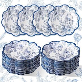 100 Pcs Blue Flower Paper Plates Disposable Serving Tray Blue and White Decorative Plates Blue Chinoiserie Vintage Flower Dessert Plates for Wedding Birthday Tea Party Bridal Shower (Stylish)