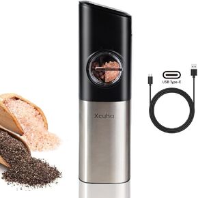 Electric Salt and Pepper Grinder Mill Set: Gravity Automatic Spice Peppercorn Shaker Rechargeable Base Adjustable Coarseness Refillable One Hand Operated With LED light Auto Dust Cover Safety Switch