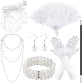 Xaatren Halloween Women Costume Accessories Set Fascinators Hats Vintage Veil Feather Hat Fan Satin Gloves for Tea Party