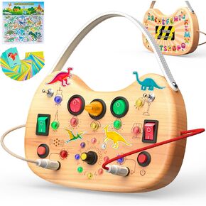 UdoUto Montessori Busy Board for Toddlers - Wooden Sensory Board Toys for 1 + Year Old Boys Girls with LED Light Switch - Baby Road Airplane Travel Toys - Gift for Christmas Birthday