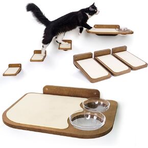 Cat Wall Shelves - Unique Cat Wall Furniture Made from Birch - Cat Shelf and 3 Cat Wall Steps Included - Cat Feeding Shelf with Glass Bowls - Easy to Install Cat Shelves for Wall