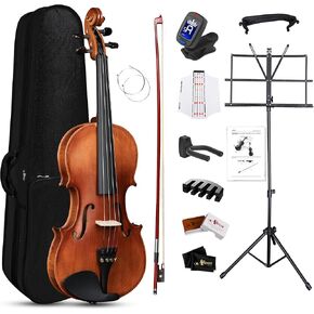 Aileen 3/4 Violin Set, Beginners Fiddle for Adults Kids with Hard Case, Music Stand, Shoulder Rest, Rosin, Bow, Tuner, Extra Strings, Mute, Wall Mount, Fingerboard Sticker, Cleaning Cloth