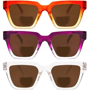 KoKoBin 3 Pack Oprah Style Bifocal Reading Sunglasses for Women，Oversize Square Frame Comfortable Readers(Multicoloured2)