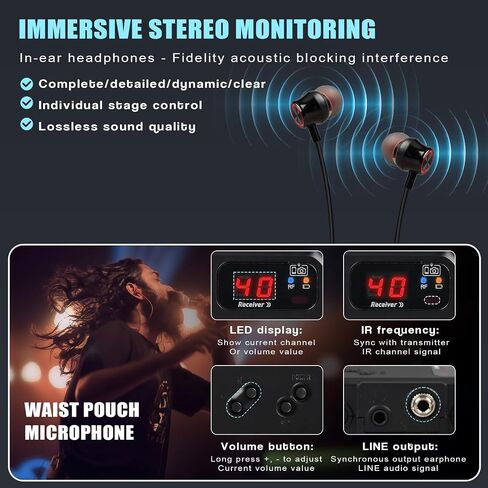 نظام مراقبة الأذن اللاسلكي، نظام IEM لاسلكي ثنائي القناة، UHF PLL 550-580 ميجا هرتز، مخرجات منفصلة، ​​نظام مراقبة مع نوع لاسلكي في سماعة الأذن يستخدم للمسرح والاستوديو، أسود in Saudi Arabia