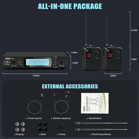 نظام مراقبة الأذن اللاسلكي، نظام IEM لاسلكي ثنائي القناة، UHF PLL 550-580 ميجا هرتز، مخرجات منفصلة، ​​نظام مراقبة مع نوع لاسلكي في سماعة الأذن يستخدم للمسرح والاستوديو، أسود in Saudi Arabia