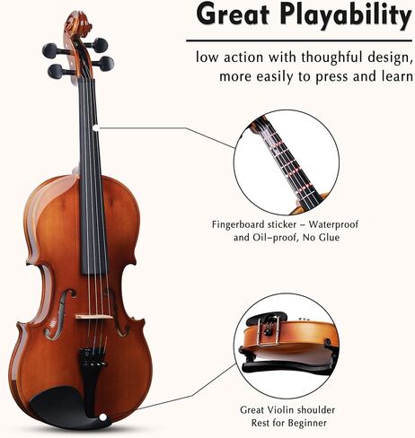 ADM 3/4 Size Wood Violin Set for Kids Teens Students Adults Beginner Acoustic Violin Matte Fiddle Starter Kit with Hard Case, Rosin, Shoulder Rest, Bow, Clip-on Tuner and Fingerboard Sticker in Kuwait