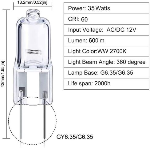 GY6.35 Light Bulbs, 12V 20W Crystal Clear Halogen Bulb 2 Pin, T4 JC Bi-Pin Base G6.35 Capsule Bulb, Dimmable, 2700K Warm White, 2 Prong Light Bulb for Pendant Light Table Lamp (20, watts) in Saudi Arabia